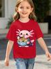 Cute Axolotl Eating Ramen Print T Shirt Boys Girls Cartoon Animal Short Sleeve Tee Family Matching Kids Casual Cotton Daily Tops