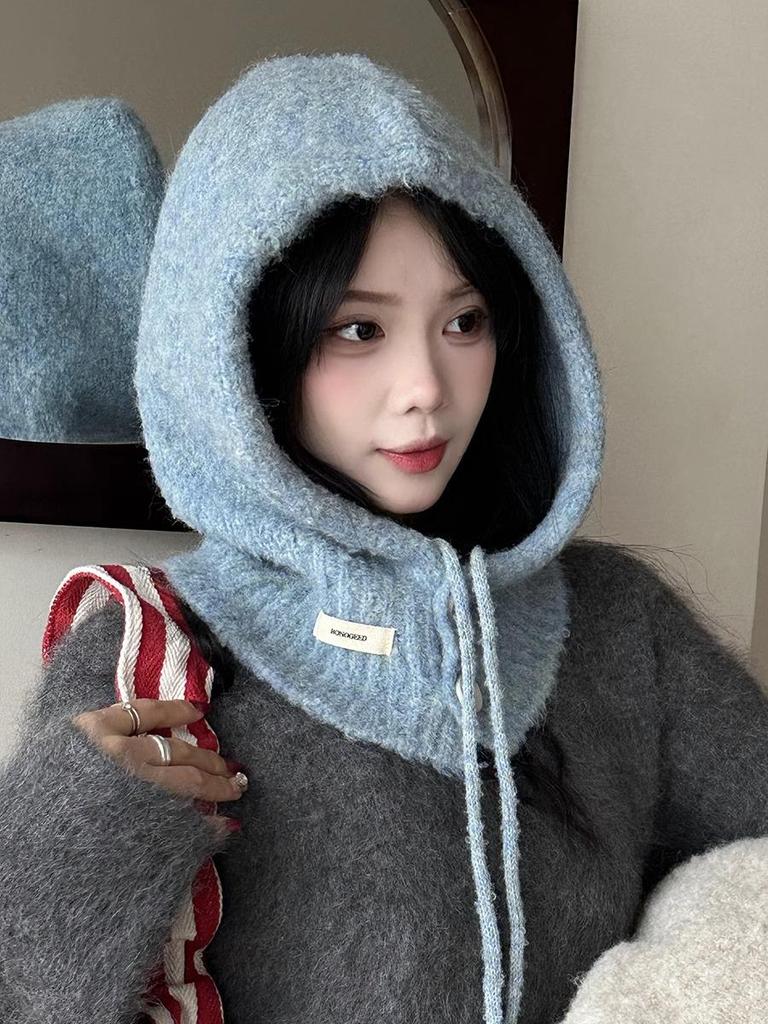 Женская корейская шерстяная балаклава: Ветрозащитная, теплая вязаная шапка с ушами для осени и зимы