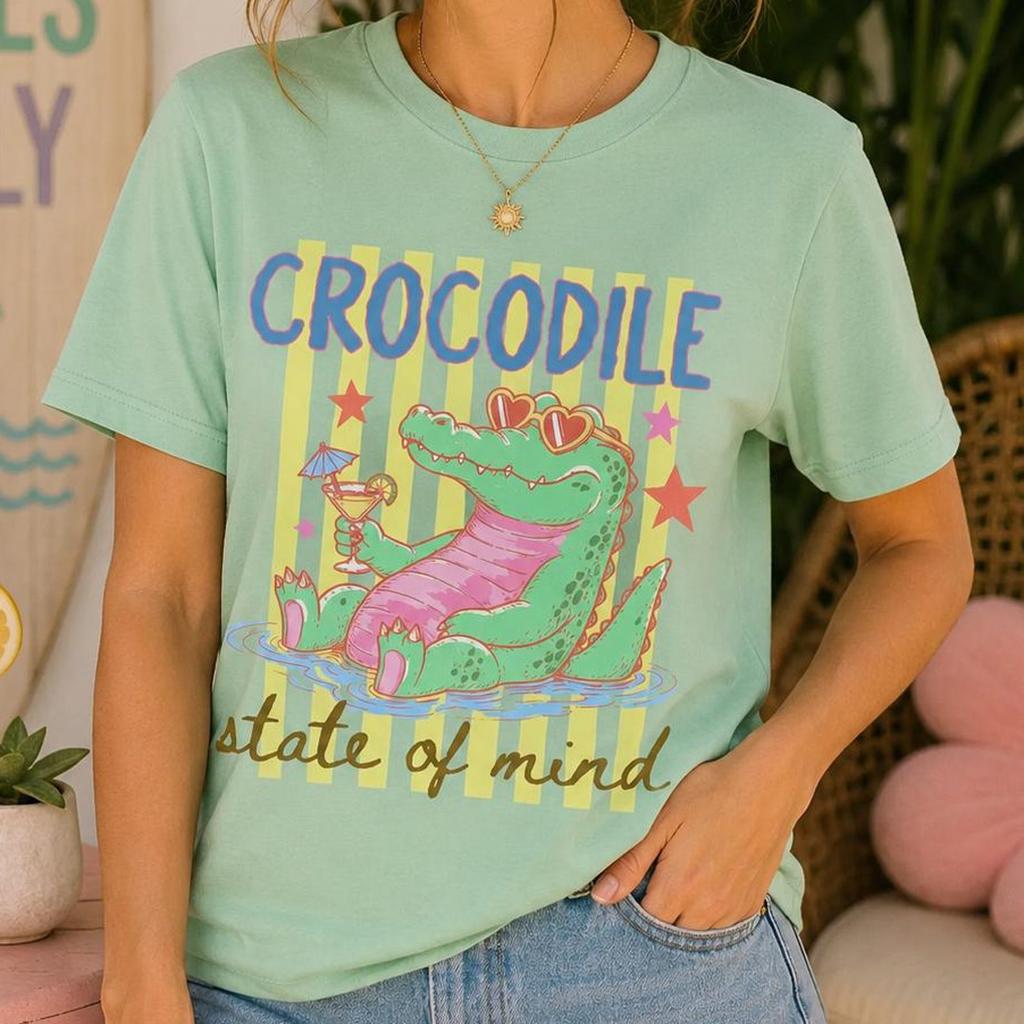 Crocodile State of Mind T-Shirt and kids tshirt, Funny Alligator Graphic Tee, Retro Summer Animal Shirt and kids tshirt, Tropical Vacation Tee