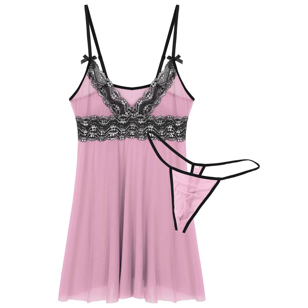 Мужское прозрачное кружевное белье Sissy, регулируемые бретельки, сорочка с глубоким V-образным вырезом, одежда для сна Babydoll