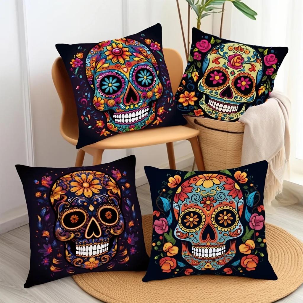 Spooky Halloween Pillow Covers 45x45cm - Colorful Sugar Skull Printed Cushion Cases, Pillow Cover for Sofa Living Room