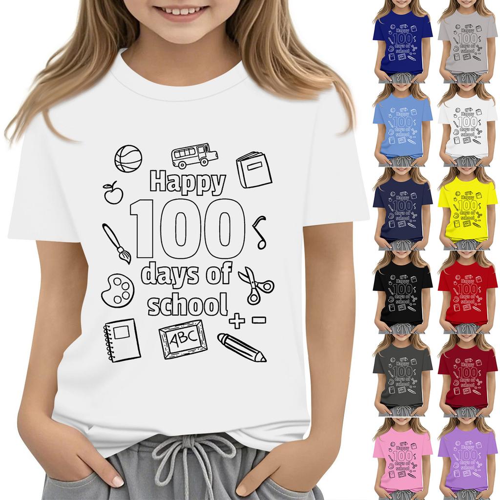 Kids Fashion Casual Short Sleeve 100 Day School Anniversary Printed Round Neck T-Shirt Top