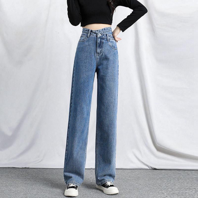 Женские джинсы широкого кроя сине-серого цвета с высокой талией, маленького размера, длиной до пола, с нестандартной косой пряжкой, идеально подходят для весны и осени.