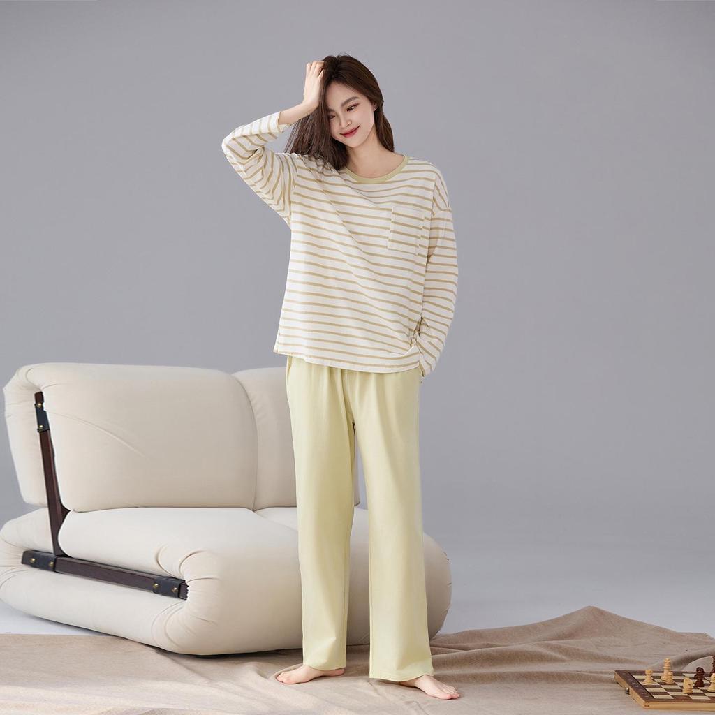 Женская пижама из чистого хлопка с вкладышами на грудь - с длинным рукавом, больших размеров, для осени/зимы. Для ношения на улице, Свободный домашний костюм.