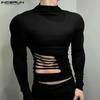 Men Turtleneck Long Sleeve Bandage Cutout Casual Fitted T-shirts Undershirts