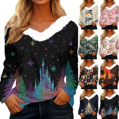 Рубашки с длинным рукавом для женщин Милые топы Рождественские принты Футболки Блузки Повседневные топы больших размеров Базовые топы Пуловеры