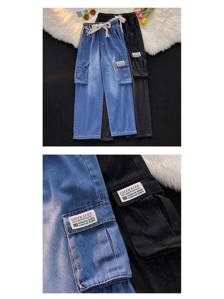 Летние свободные прямые джинсы для мальчиков с большими карманами — повседневный облегающий стиль.