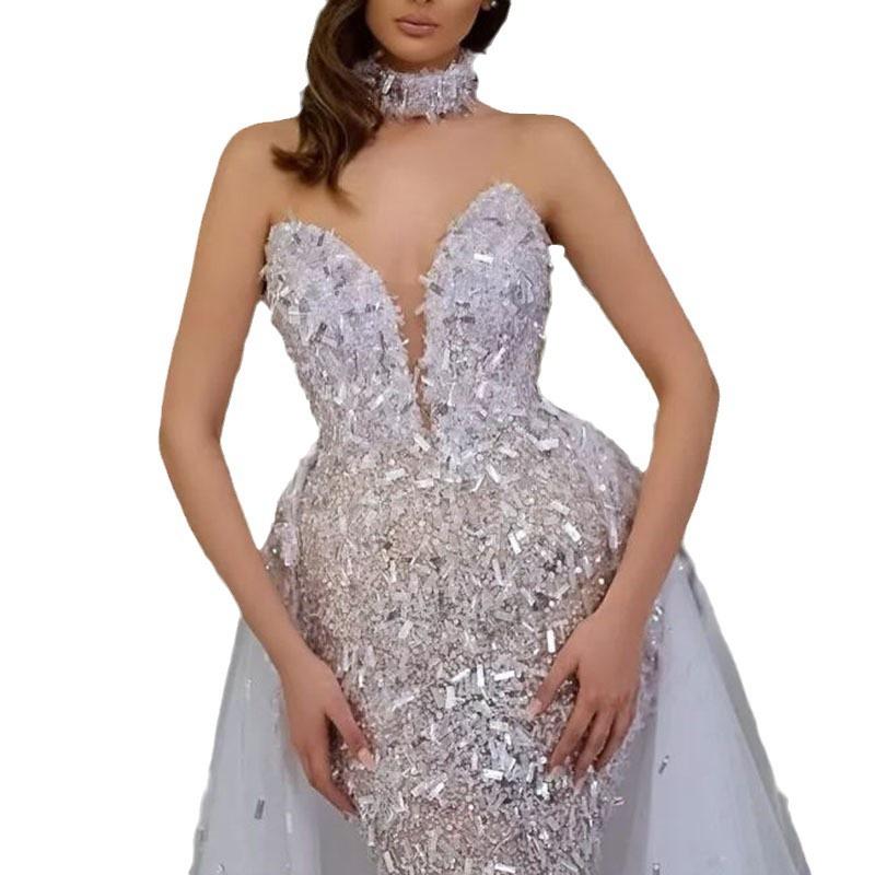 2025 весна и лето новое сексуальное платье с блестками рыбий хвост V-образный вырез без рукавов длинное темпераментное банкетное вечернее платье
