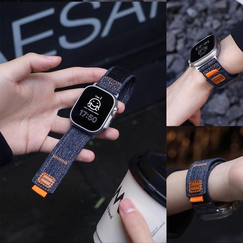 Джинсовый Нейлоновый Ремешок Для Apple Watch Ultra 3-2-1 49мм 11 10 46мм 42мм Плетеный Браслет iWatch 9 8 7 6 5 4 SE 45мм 44мм 41/40мм Ремешок