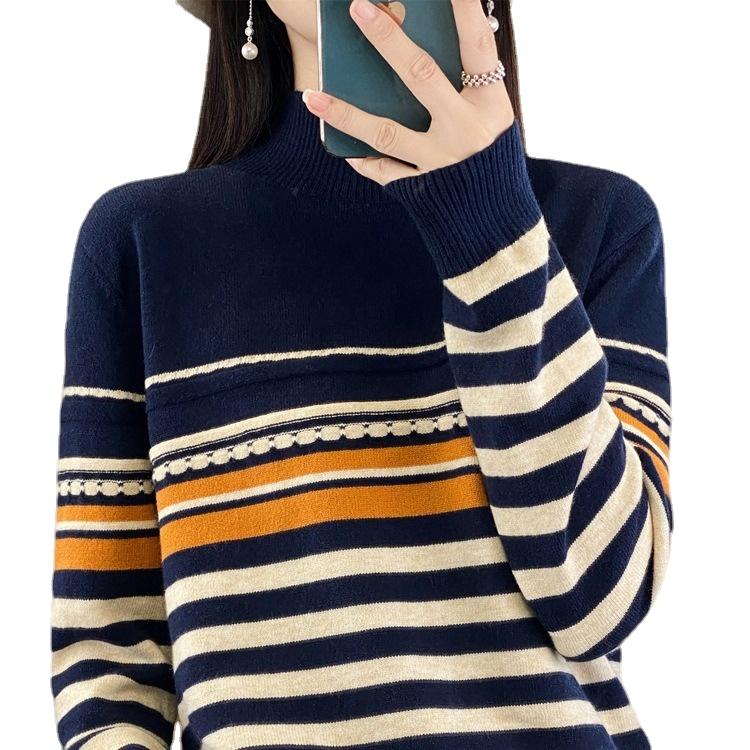 Женская мода, повседневный полосатый принт, осенне-зимние свитера с длинным рукавом и половиной водолазки