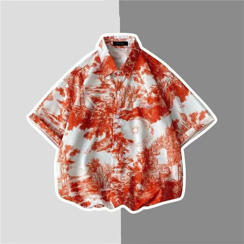 Винтажная мужская гавайская рубашка с коротким рукавом и цветочным принтом для отдыха, пляжная рубашка, модная повседневная свободная одежда на пуговицах с принтом, солнцезащитная одежда, топы