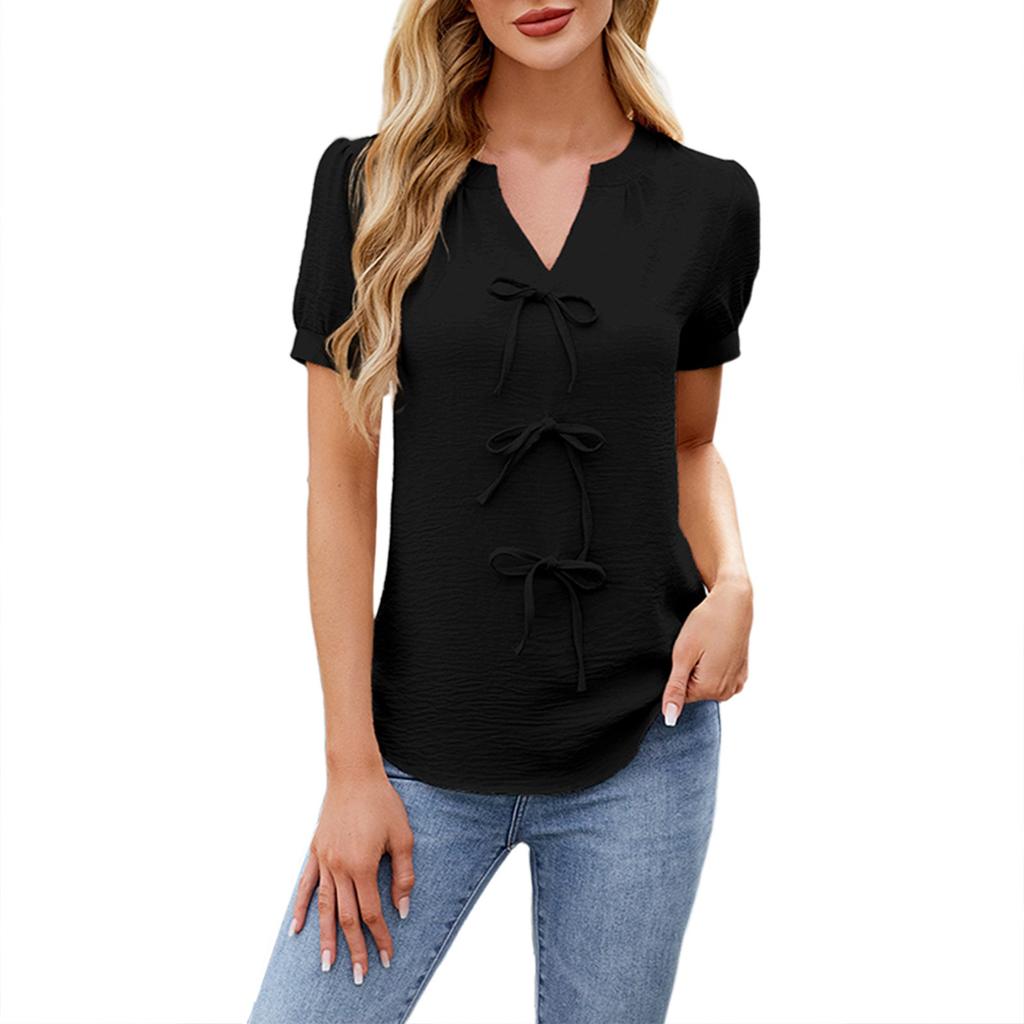 Весна и лето Новая однотонная футболка с короткими рукавами и бантом, модная футболка с V-образным вырезом для женщин