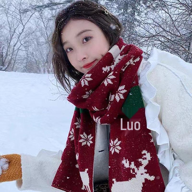 Versatile Red Snowflake Reindeer Scarf: Women's Winter Antler-Themed Warm Neck Warmer.