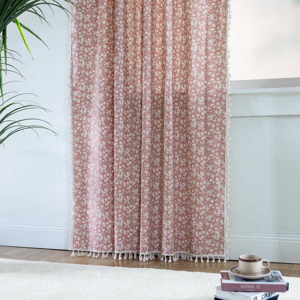 Finished Curtains Cotton And Linen Fabric Printing Floral Fresh Small Window Semi-Blackout Balcony Bay Window Curtain