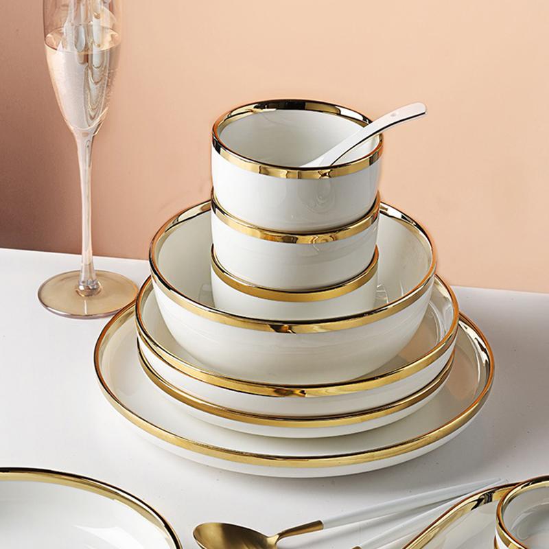 Керамический набор посуды на 4 персоны. Белый фарфоровый обеденный набор с соусом. Чаша для хлопьев. Десертная тарелка. Обеденная тарелка. Набор столовой посуды.