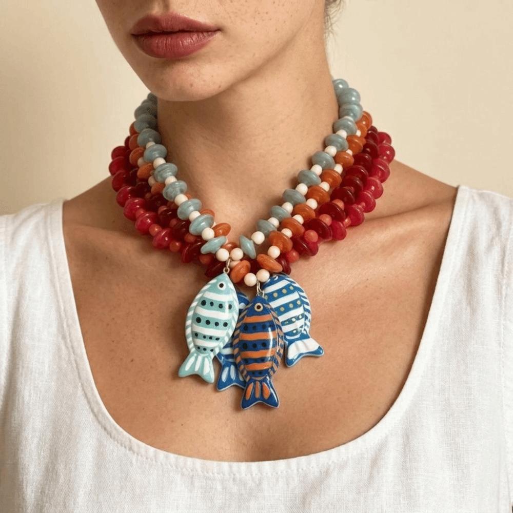 Starfish Shell Charm Fish Starfish Pendant Necklace Colorful Beads Boho Necklace Jewelry Gifts
