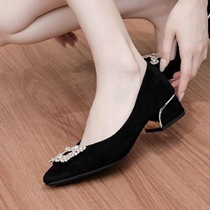 Rhinestone Suede Thick Heel Shoes Spring and Autumn Versatile Pointy Shallow Flat French Black Work Shoes