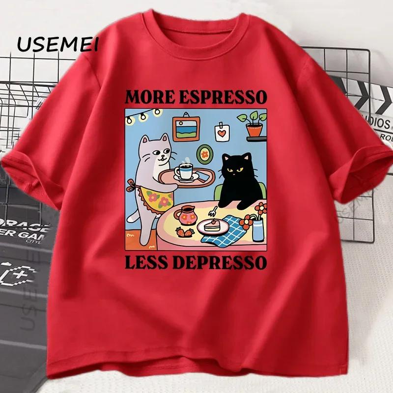 More Espresso Less Depresso Black Cat Tshirt Unisex Unisex Funny Coffee Cat T Shirt Casual Summer Cotton Short Sleeve Tshirt Tops