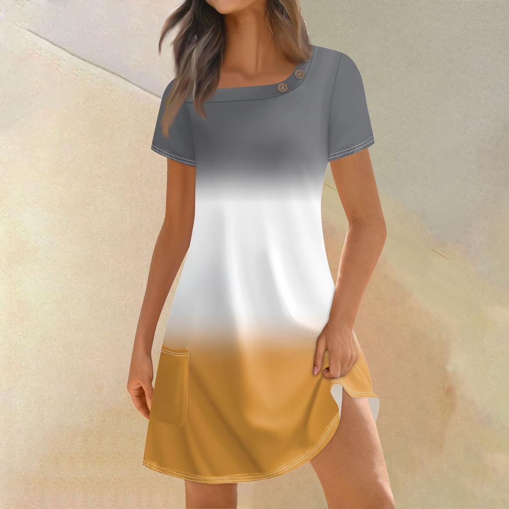 Женская мода, летние платья с квадратным вырезом и короткими рукавами, повседневные свободные платья с карманами и пуговицами, градиентные платья