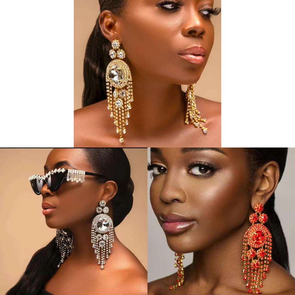 Water Diamond Flower Long Tassel Earrings For Women Fashion Statement Party Jewelry