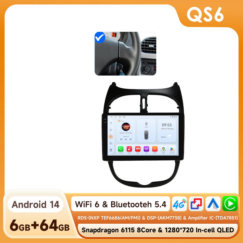 OSSURET Snapdragon 6115 Автомагнитола Autoradio для PEUGEOT 206 206SW 206CC 2001 - 2008 Carplay Android Auto Мультимедиа GPS 360 Камера Стерео