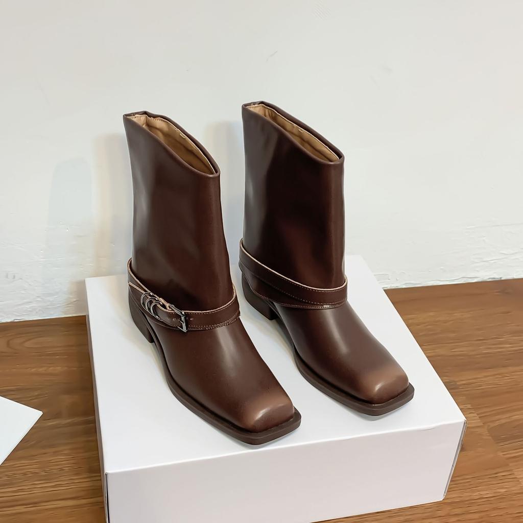 Корейская версия нишевые ретро женские ботинки панк стрит полированные ботильоны 2025 зима новые модные ботинки средней высоты для женщин