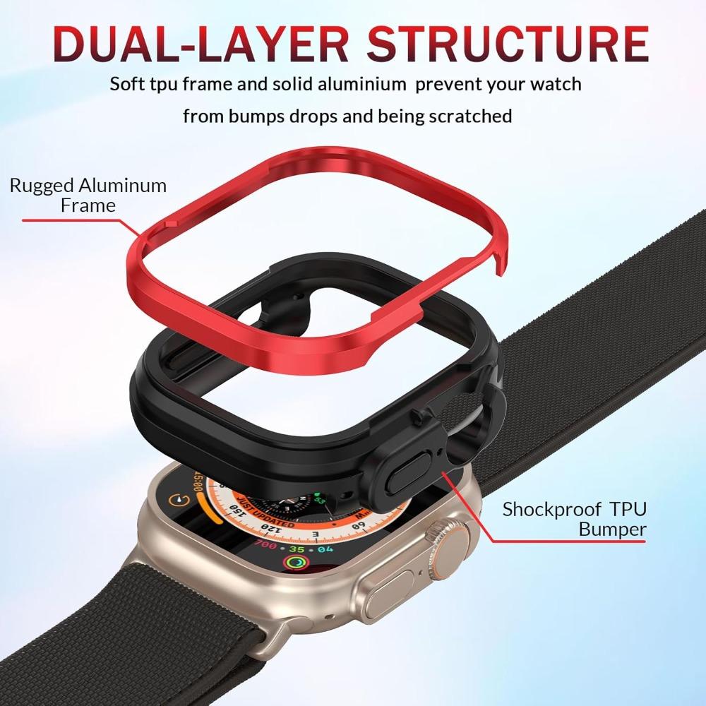 Matte Metal Case Fit for Apple Watch Ultra 3/2/1 49mm Case Bumper, [Matte Aluminum Bezel] + [Soft TPU Bumper]