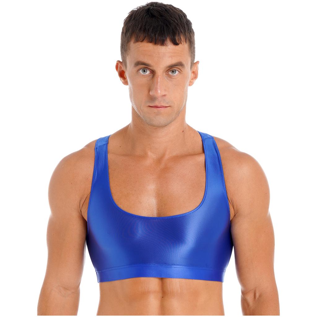 Мужские масляные блестящие глянцевые майки, сексуальные атласные облегающие укороченные топы, жилет, футболки без рукавов, купальник, спортивный тренажерный зал, майки, клубная одежда