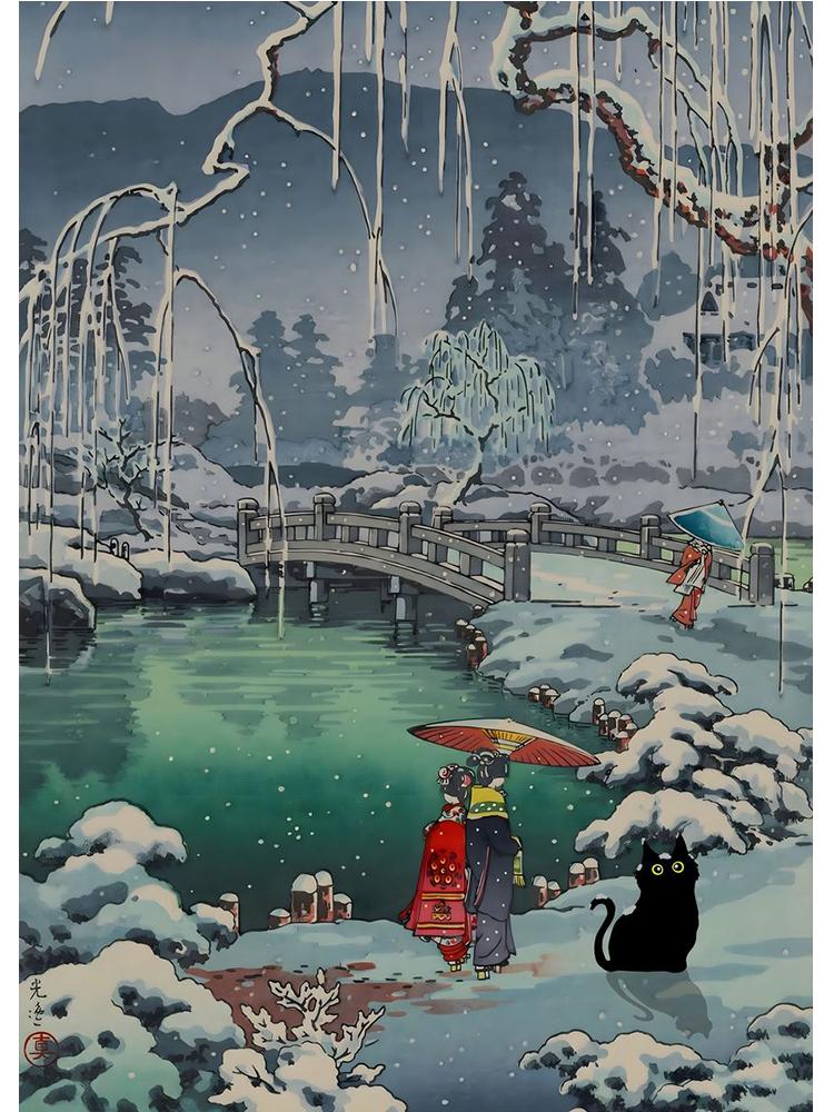 Винтажный Юмор Черный кот в лесном озере Холст Картина Забавный котенок Настенный художественный принт постер для гостиной украшения дома