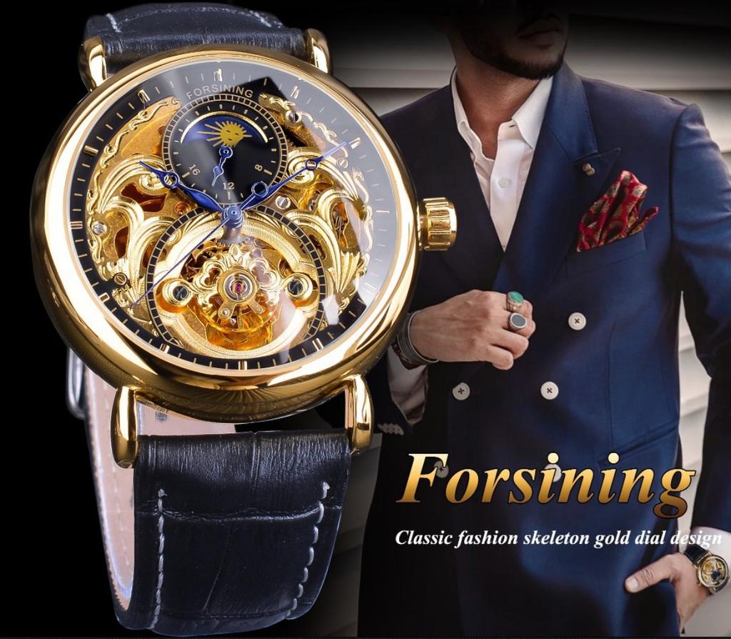 Forsining Men's Fashion Casual Hollow Moon Phase Carved Hollow Automatic Mechanical Watch