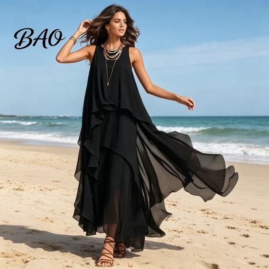 Plus Size Casual Dress Women's Flowy Chiffon Dress, Sleeveless Crew Neck Asymmetrical Hem Fat Hiding Loose Long Summer Layered Cocktail Wedding Guest