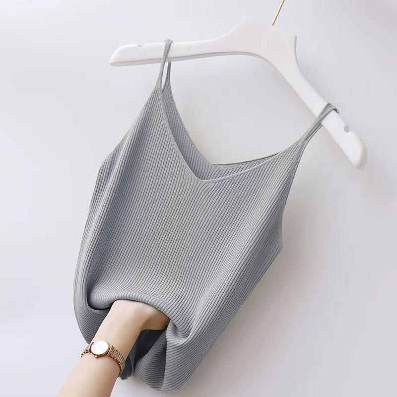 Летний жилет с v-образным вырезом для женщин на тонких бретельках из ледяного шелка, тонкие внутренние вязаные топы без рукавов, однотонные наружные топы
