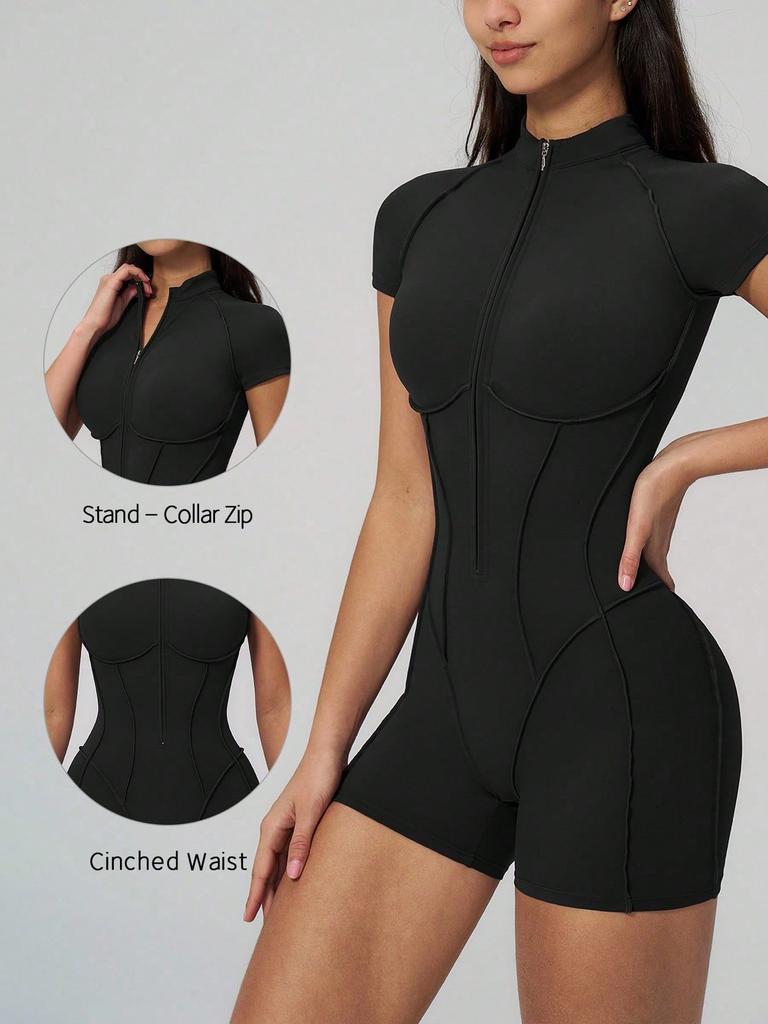 1pc Women's Solid Color Mandarin Collar Half Zip Fishbone Seam Jumpsuit Sports