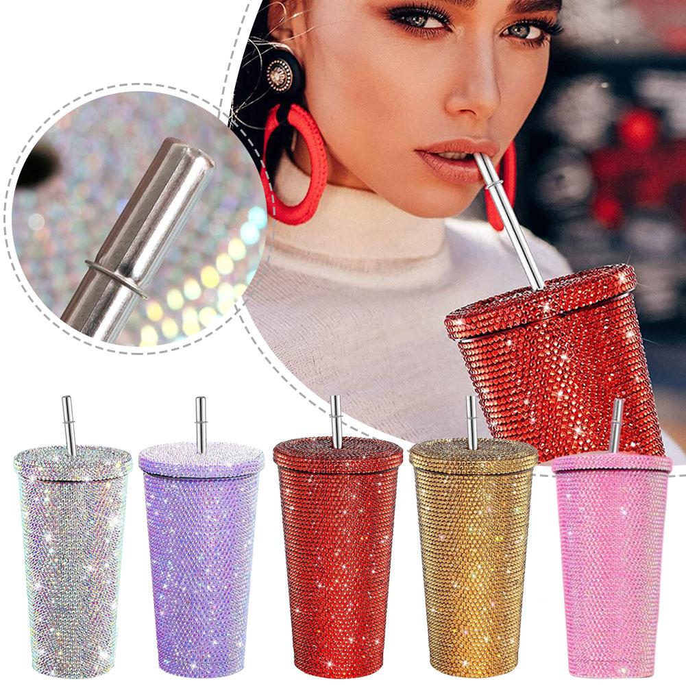 Insulated Straw Tumbler Stainless Steel Rhinestone Cup 24 Hour Hot Cold Water Coffee Drinkware For Office Travel Gym Accessories