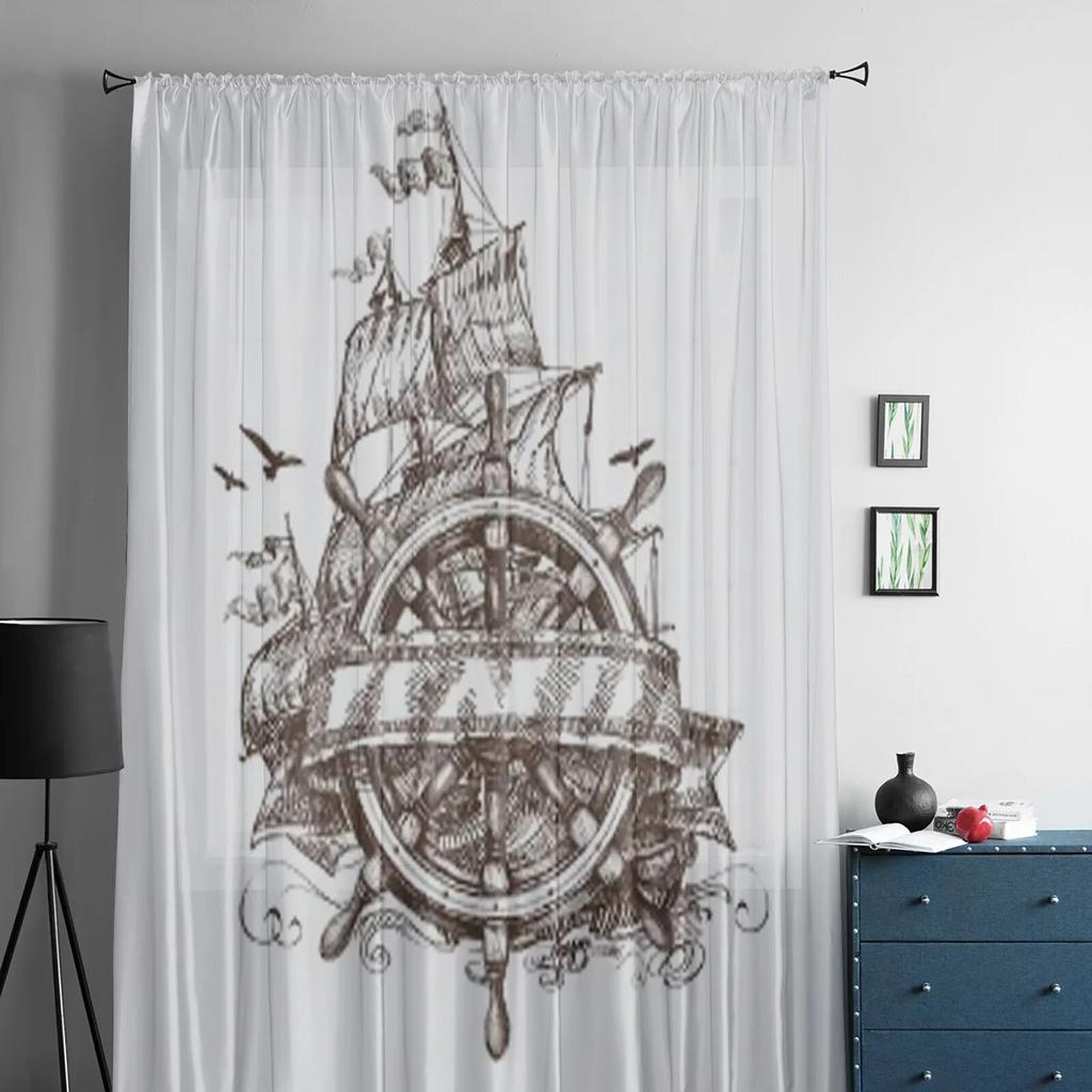 Adventure Vintage Ship Rudder Tulle Sheer Curtains for Living Room the Room Bedroom Kitchen Decoration Voile Organza Curtains