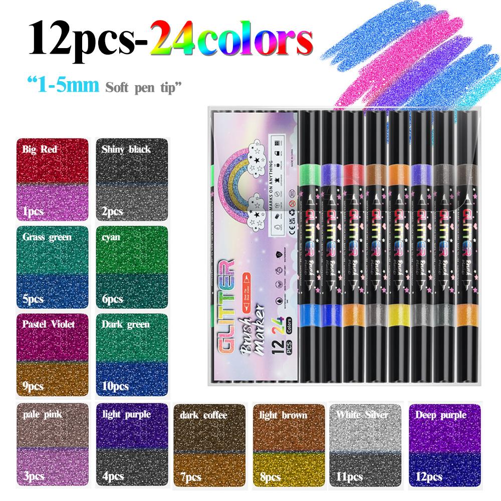 Dual Tip Dual Colors Glitter Marker 48 Colors Brush Soft Tip Art Marker Pen Waterproof for DIY Card Making