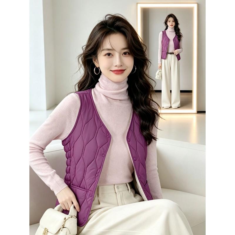 Womens Short Puffer Vest 2026 Fall Winter V-Neck Quilted Sleeveless Warm Layering Top Plus Size