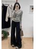 Plus Size Grey Cross-Neck Slim-Fit Knit Top for Women - Long Sleeve Spring Arrival, Slimming Inner Layer