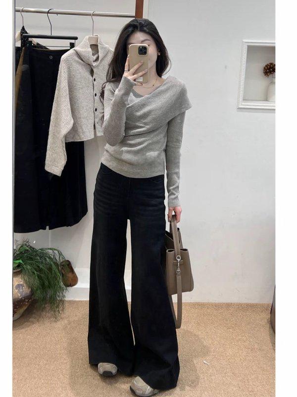 Plus Size Grey Cross-Neck Slim-Fit Knit Top for Women - Long Sleeve Spring Arrival, Slimming Inner Layer
