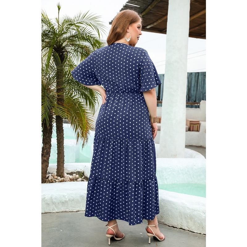 Летнее женское платье больших размеров в горошек, повседневное платье с V-образным вырезом для отпуска, элегантные свободные платья миди