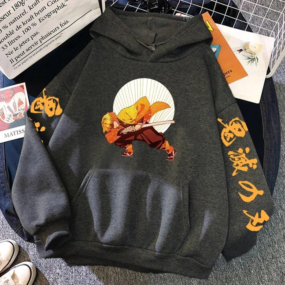 Толстовка с принтом Demon Slayer Agatsuma Zenitsu в стиле хип-хоп, свободная толстовка с капюшоном, повседневная флисовая толстовка в стиле Харадзюку, топы с круглым вырезом, толстовки