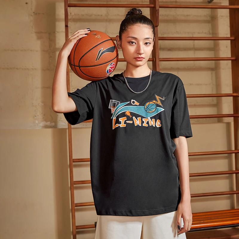 Футболка мужская с коротким рукавом и логотипом баскетбольной серии Li Ning Sports, с заниженной линией плеч, черная, AHSS591-1