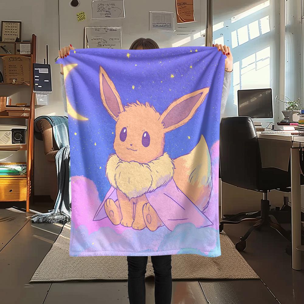 Cute Eevee Print Flannel Blanket, High quality Comfortable for All Seasons, Home Decor, Warmth and Comfort
