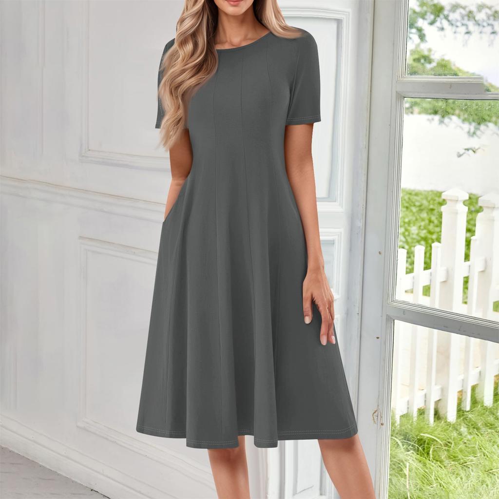 Женское повседневное и модное платье с круглым вырезом и коротким рукавом, однотонное, средней длины
