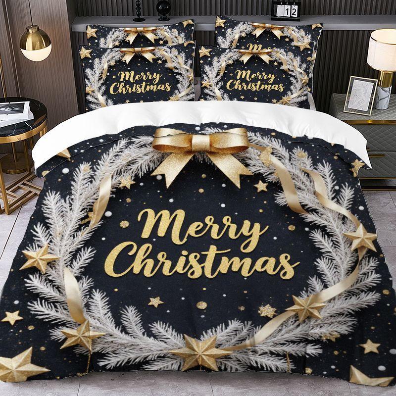 Christmas Reindeer Sleigh Snowflake Print Duvet Cover And Pillowcase Set 2Pcs Or 3Pcs Bedding