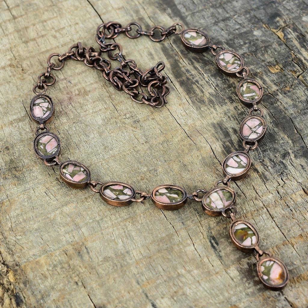 Медное колье с розовым опалом, электроформированное медное колье, регулируемая цепочка, красивое колье с драгоценным камнем, украшения ручной работы, подарки для нее