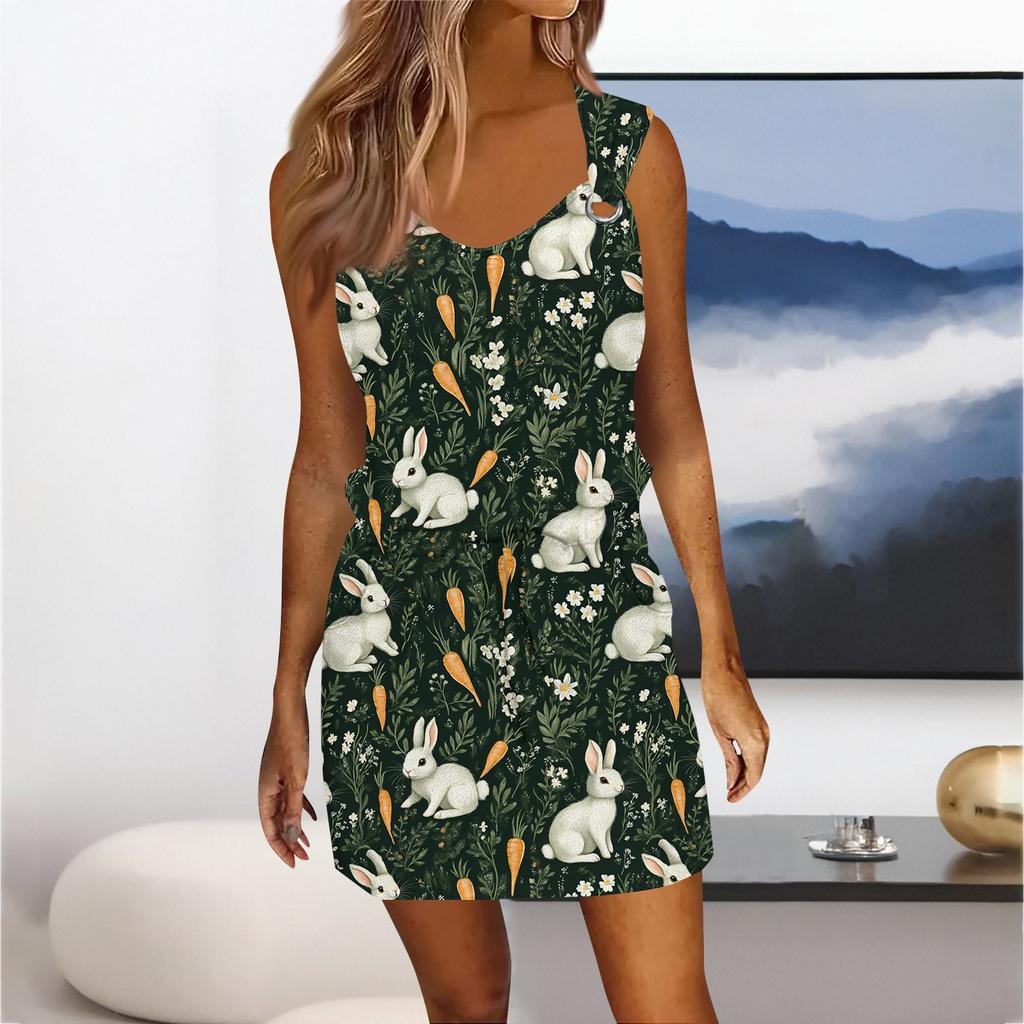Women's Fashion Casual Easter Printed Sleeveless Drawstring Dress With Pockets