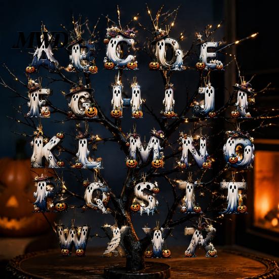 Creative Photo Prop Wall Decorations Halloween Letter Ornament, Spooky Hanging Wooden Alphabet Letters Pendant with Ghost Holiday Scenery for