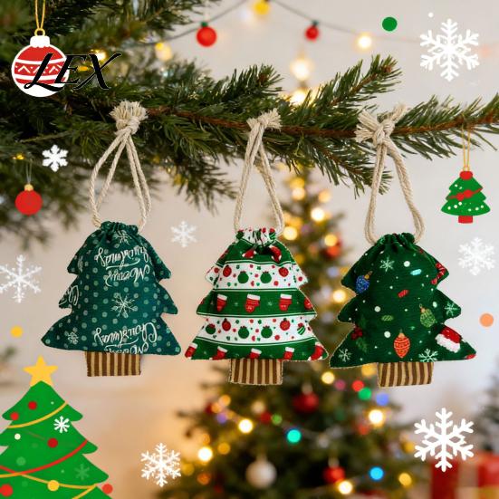 Christmas Party Favors Tree Shaped Gift Bags with Drawstring, Reusable Holiday Fabric Bags, Lightweight Pouches Winter Goodie Storage for Present