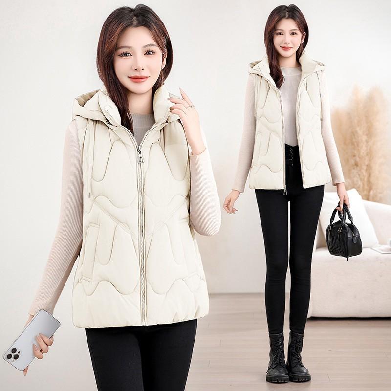 Womens Hooded Puffer Vest Short Warm Cotton-Padded Sleeveless Jacket Casual Korean Style
